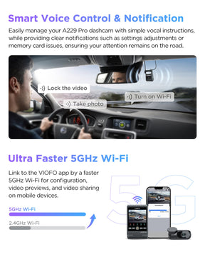 VIOFO A229 Pro 2CH Front and Rear 4K+2K HDR Dual Dash Cam with Sony STARVIS 2 Sensors Super Night Vision Voice Control