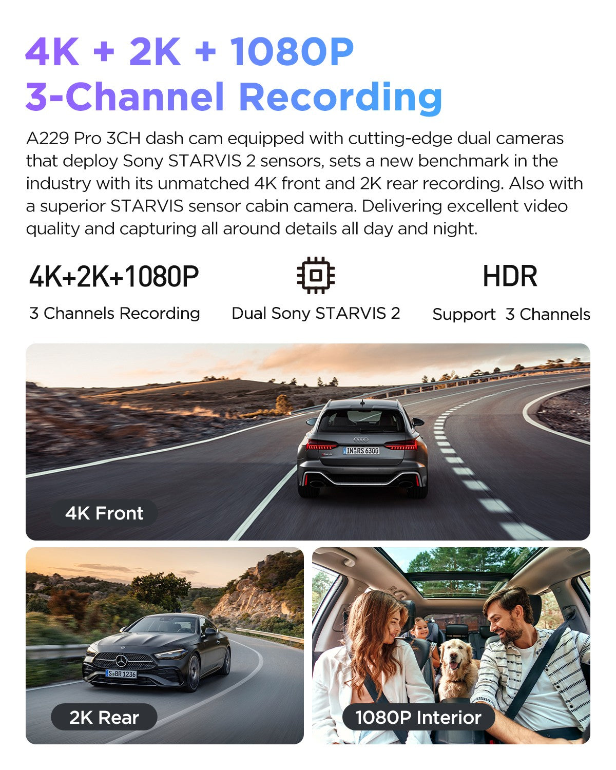 VIOFO A229 Pro 3CH 4K+2K+1080P HDR 3 Channels Car Dash Camera with Sony STARVIS 2 Sensors for Lyft Taxi Ridesharing Drivers