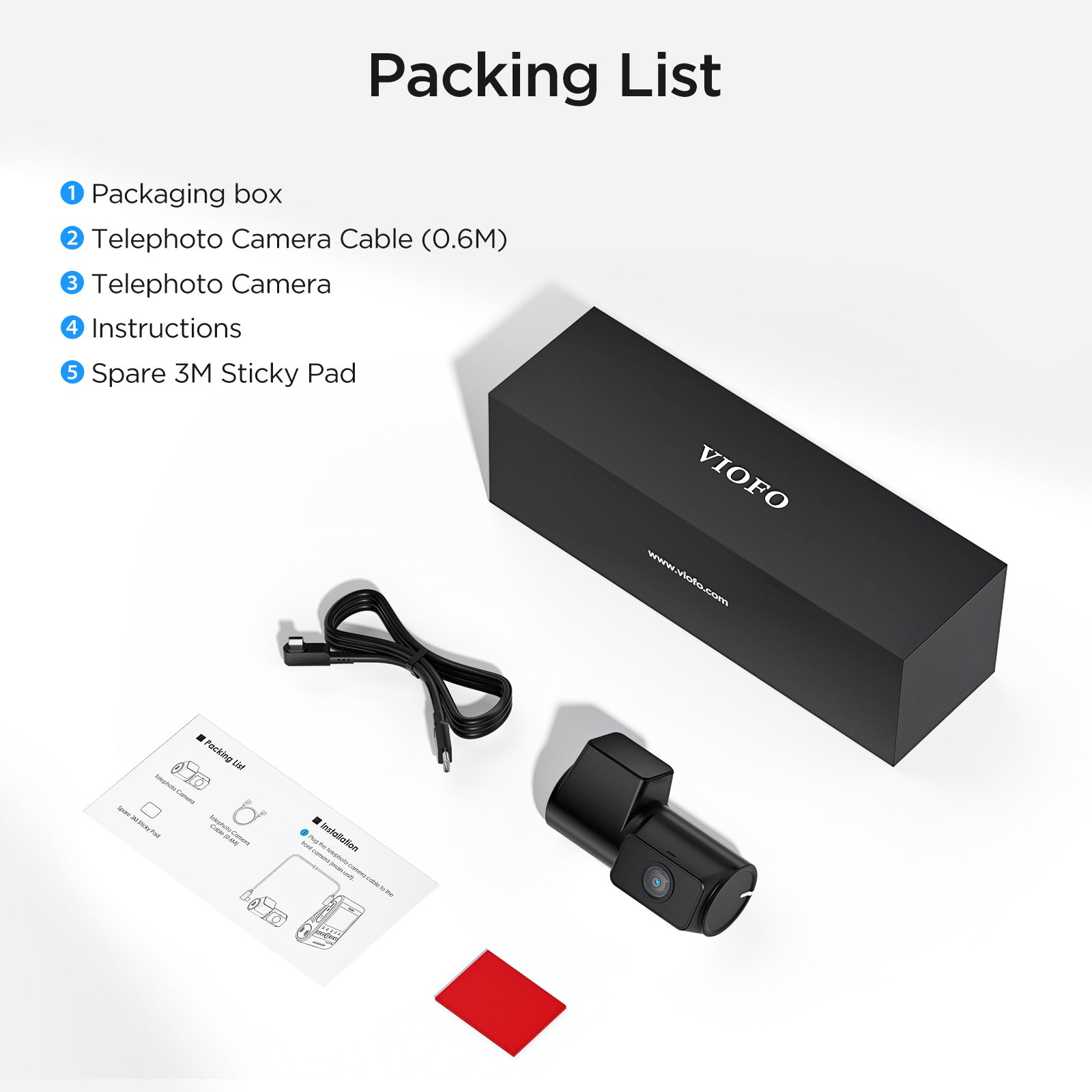 VIOFO RTC300 Telephoto Camera with 0.6M Cord and Adhesive Sticker for A229 Plus/A229 Pro