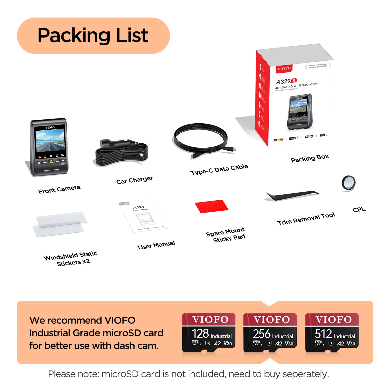 VIOFO A329S 1CH 4K 60FPS Wi-Fi 6 HDR Dash Cam with Sony STARVIS 2 Sensor, Support SSD Storage, Low Power Impact Detection, Hybrid Parking Recording