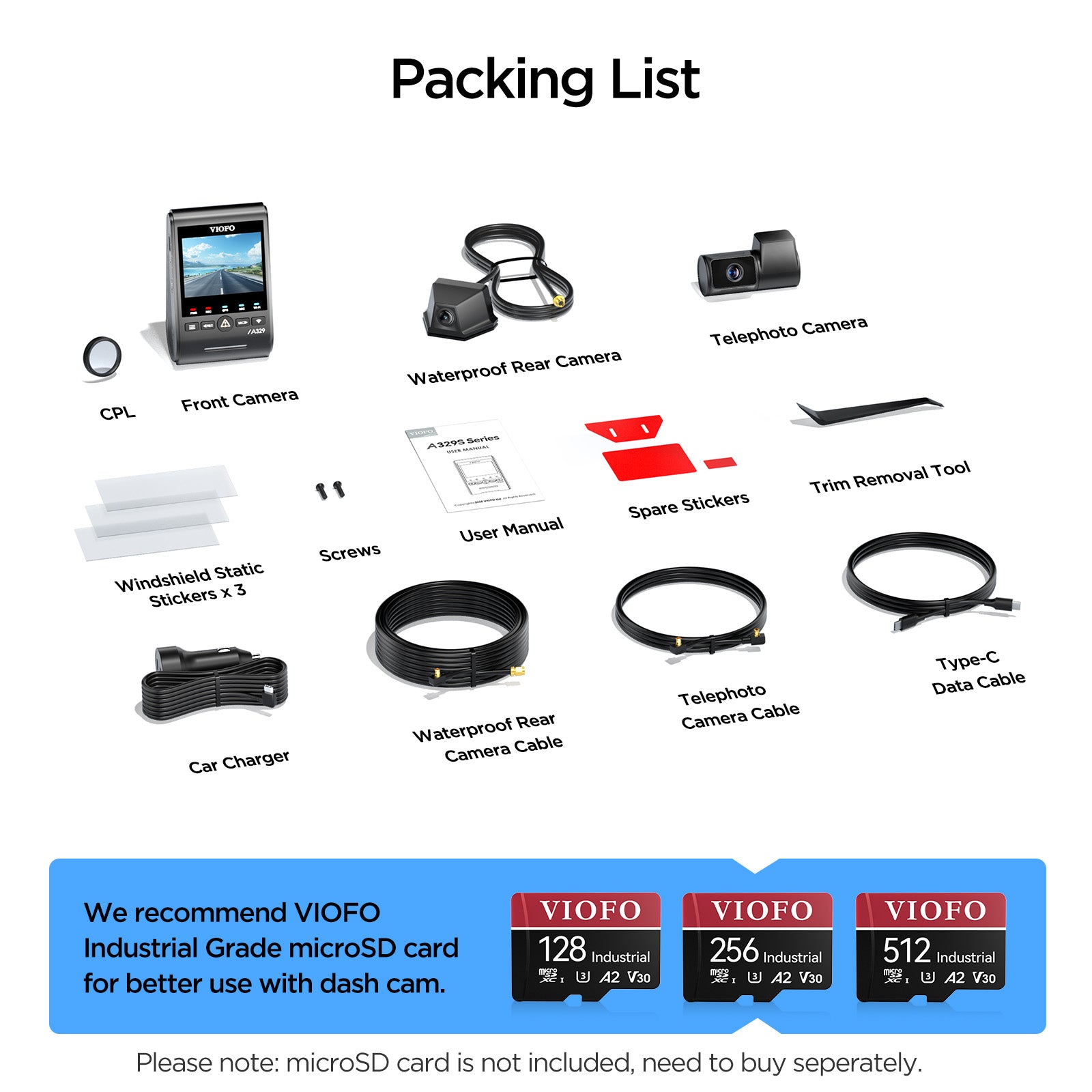 VIOFO A329TW 3CH 4K 30FPS Front+2K Telephoto Camera+2K Waterproof Camera, Sony STARVIS 2 Sensor HDR, Support SSD Storage, Low Power Impact Detection, Hybrid Parking Recording