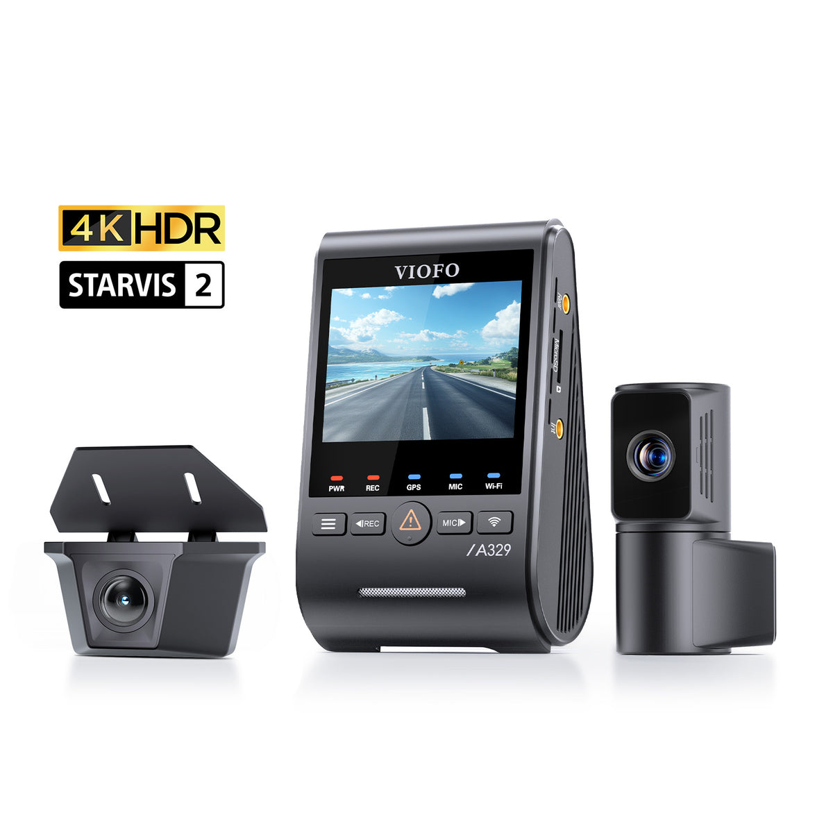 VIOFO A329TW 3CH 4K 30FPS Front+2K Telephoto Camera+2K Waterproof Camera, Sony STARVIS 2 Sensor HDR, Support SSD Storage, Low Power Impact Detection, Hybrid Parking Recording