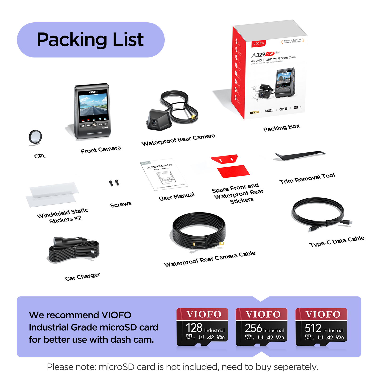 VIOFO A329SW 2CH 4K 60FPS+2K Waterproof Rear Camera with Sony STARVIS 2 Sensor HDR, Support SSD Storage, Cables in Various Lengths for Flexible Installation